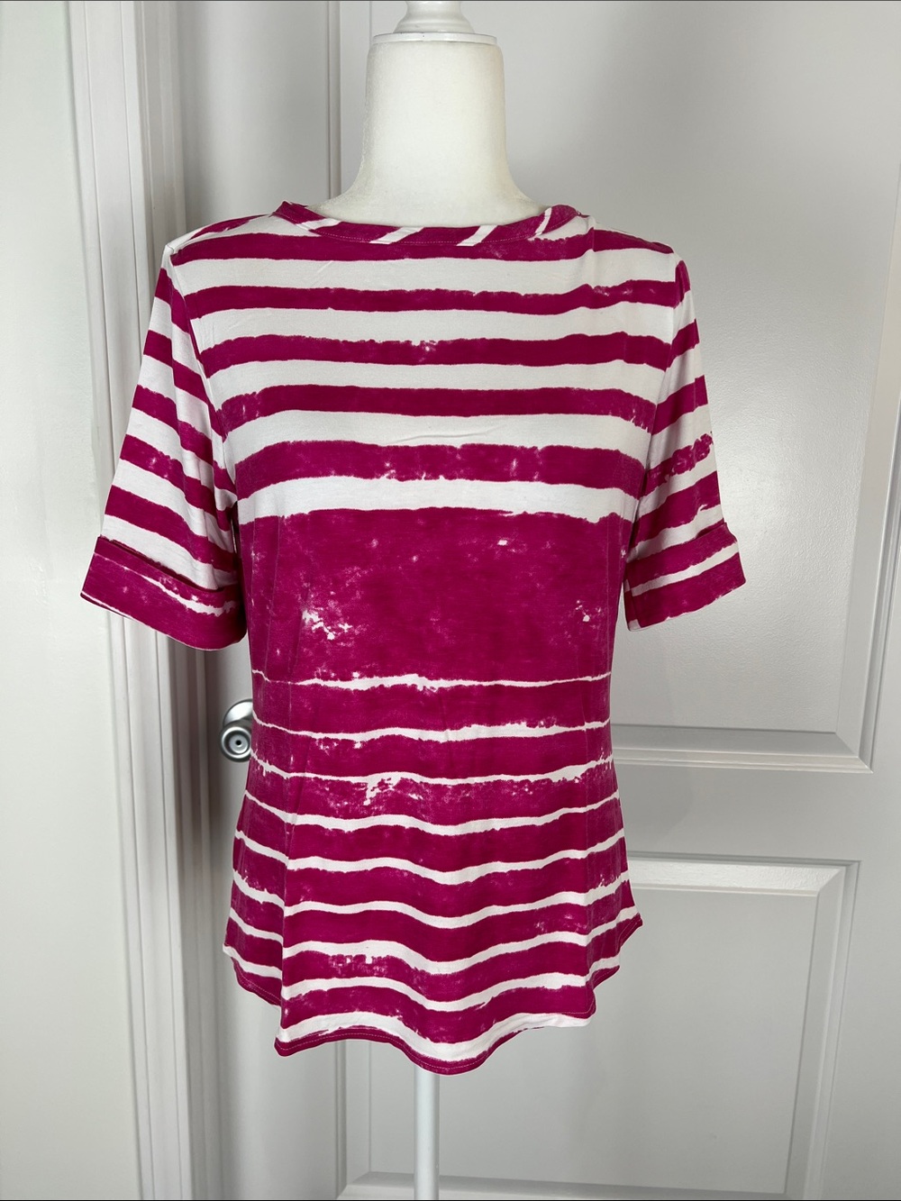 Peck & Peck Fuchsia and White Striped Short-Sleeve Tee